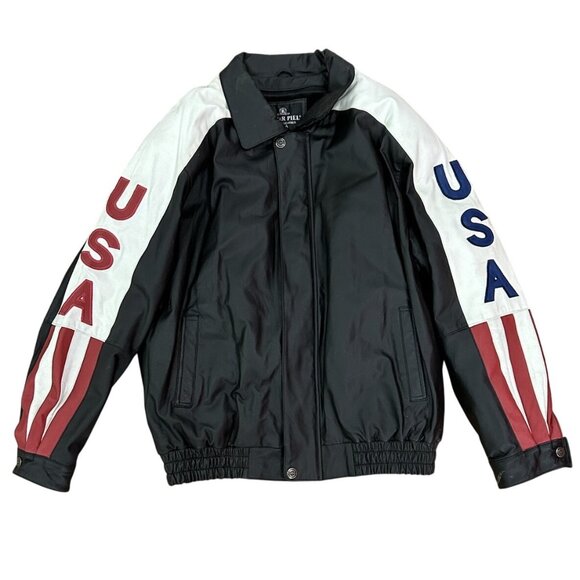 Oscar Piel American Flag MAGA Leather Jacket  Perfect Leather USA Mens Large VTG - Picture 1 of 16